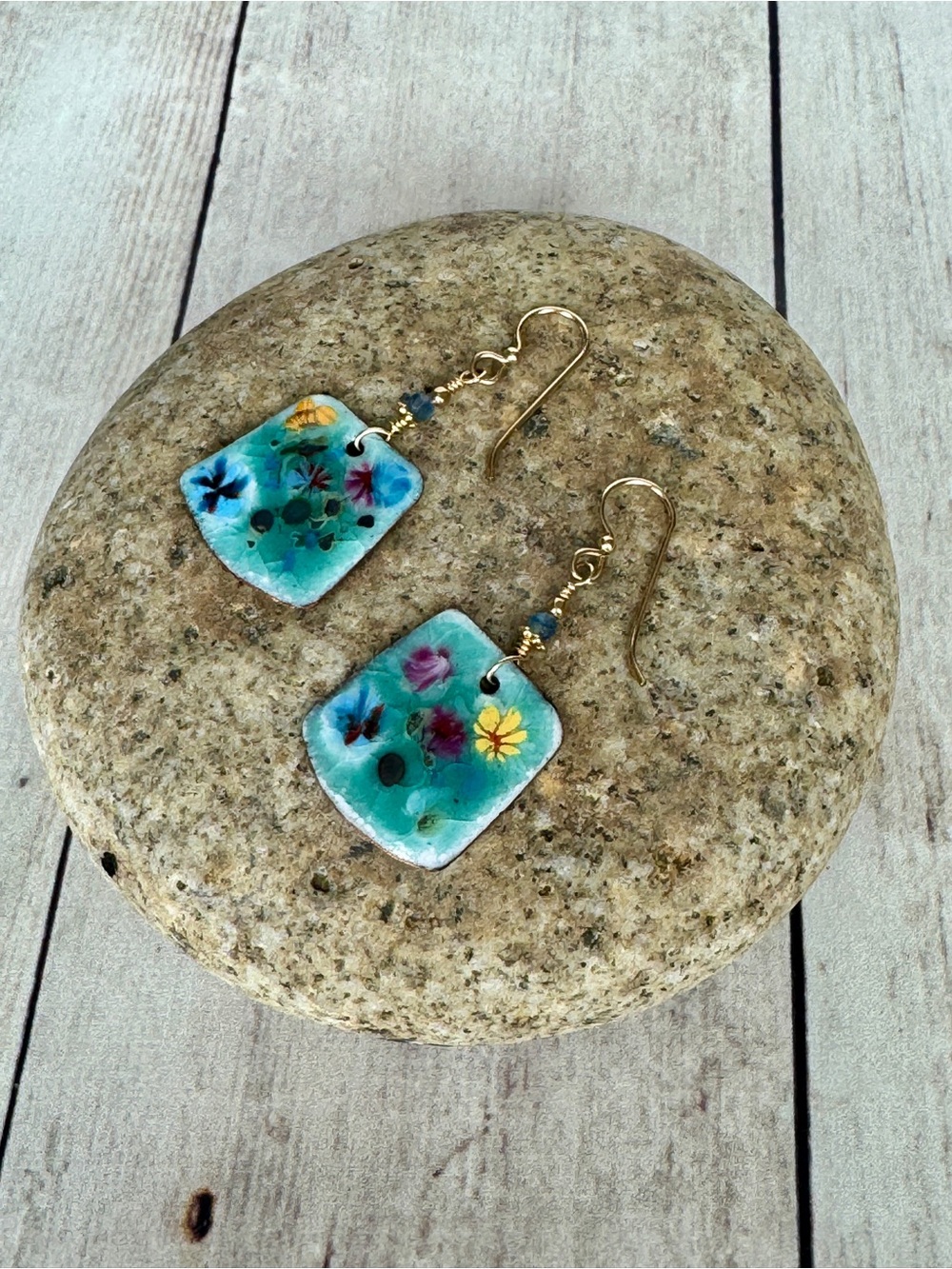 Turquoise Floral Enamel Drop Earrings with Gold Hooks